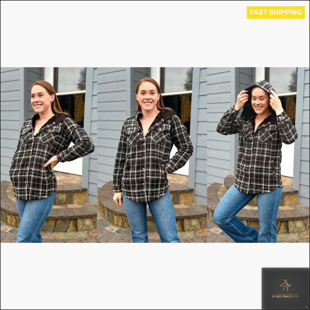 Oversized Plaid Shacket Hooded Sherpa Lined Fleece Jacket Fall Winter Casual - Picture 6 of 7
